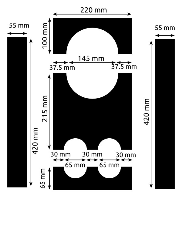 Schéma 2D des pieces du carcan avec les longueurs et largeurs de chaque pièce